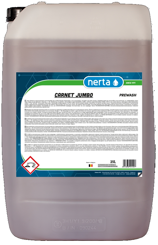 NERTA CARNET JUMBO er et usedvanlig mykt forvaskemiddel med spesiell bløtleggingskraft for å rengjøre alle typer kjøretøy.