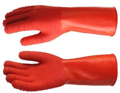 Rød kraftig gummihanske med ru overflate. Uforet. Str 9-10-11.Lengde: 32cm.Pakket:12/120. Bruksområde:Godt egnet til sortering, slakting og filetering av fisk. Bla ned for godkjenninger.