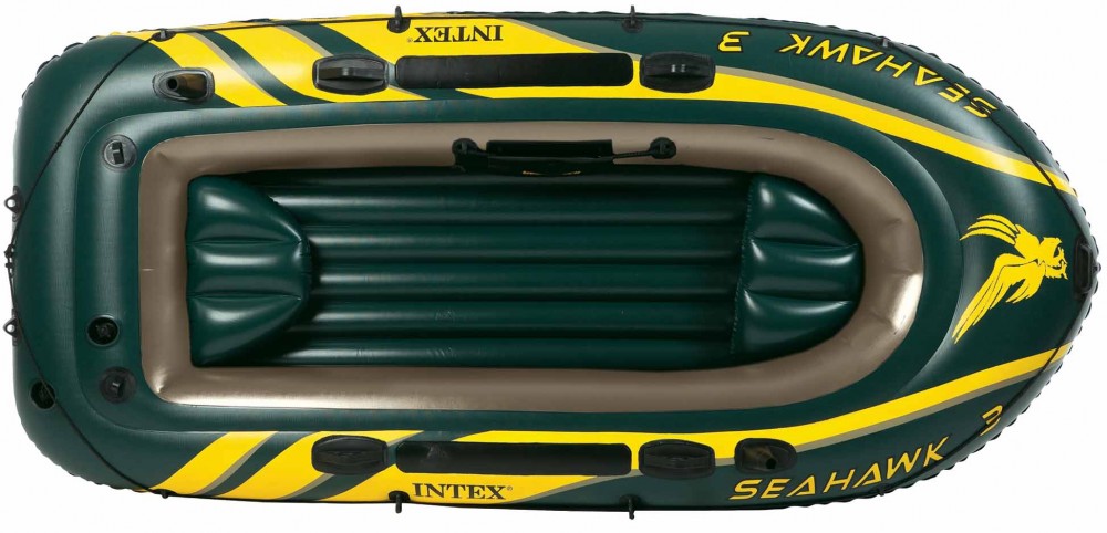 GUMMIBÅT SEAHAWK 300 Beregnet for 3 personer, totalt 160 kg. To luftkammer i sidene og ett luftkammer i bunnen. Innv. skrogkammer, utstyrsveske, batteriveske, fiskestangholder, 4 sveisede åregafler, 8 åreholdere og Bostonventil. Festeanordning for 2,5 hk 