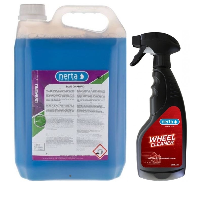 PROMO pakke for medlemmer i Bilpleie Norge!
Inneholder:
NERTA BLUE DIAMOND 5L
+ NERTA WHEEL CLEANER 500ML